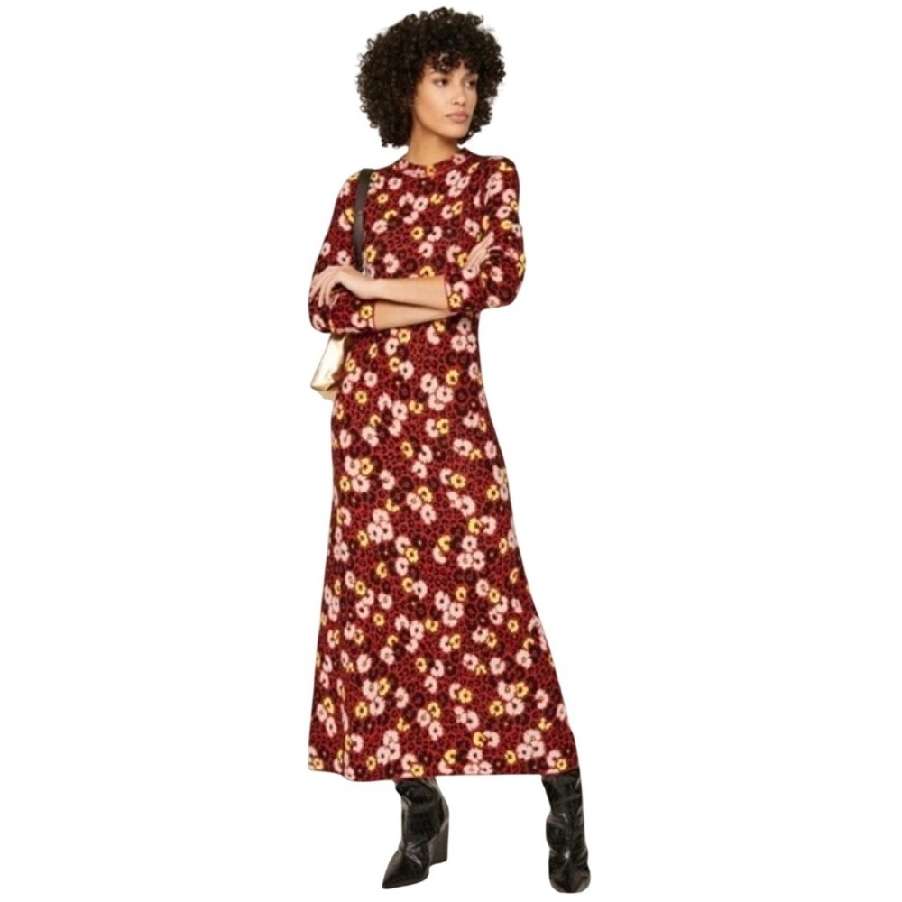 The Kooples Wool Maxi Dress Womens M Floral Leopard Animal Print Red Yellow - Picture 2 of 7
